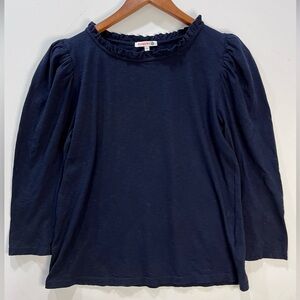 Sundry Midnight Blue Ruffled Neck Top Pima Cotton